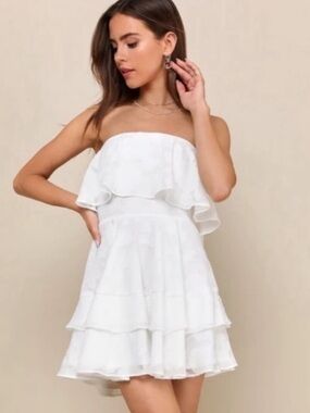 Lulus White Strapless Ruffle Mini Dress Bridal Shower Summer Flowy NWT